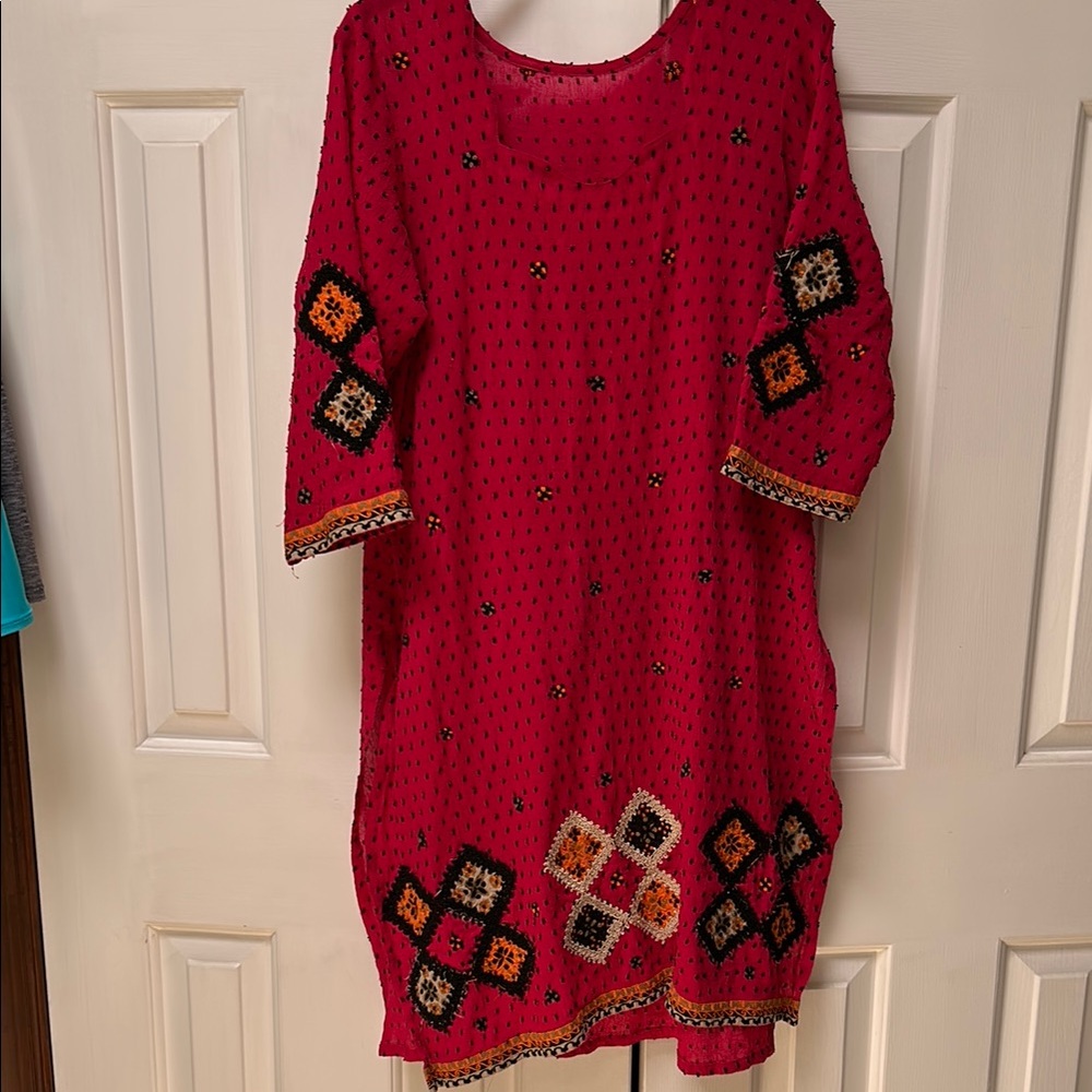 Red Black Embroidered side slit dress w/Geometric Pattern- Punjabi Pakistani